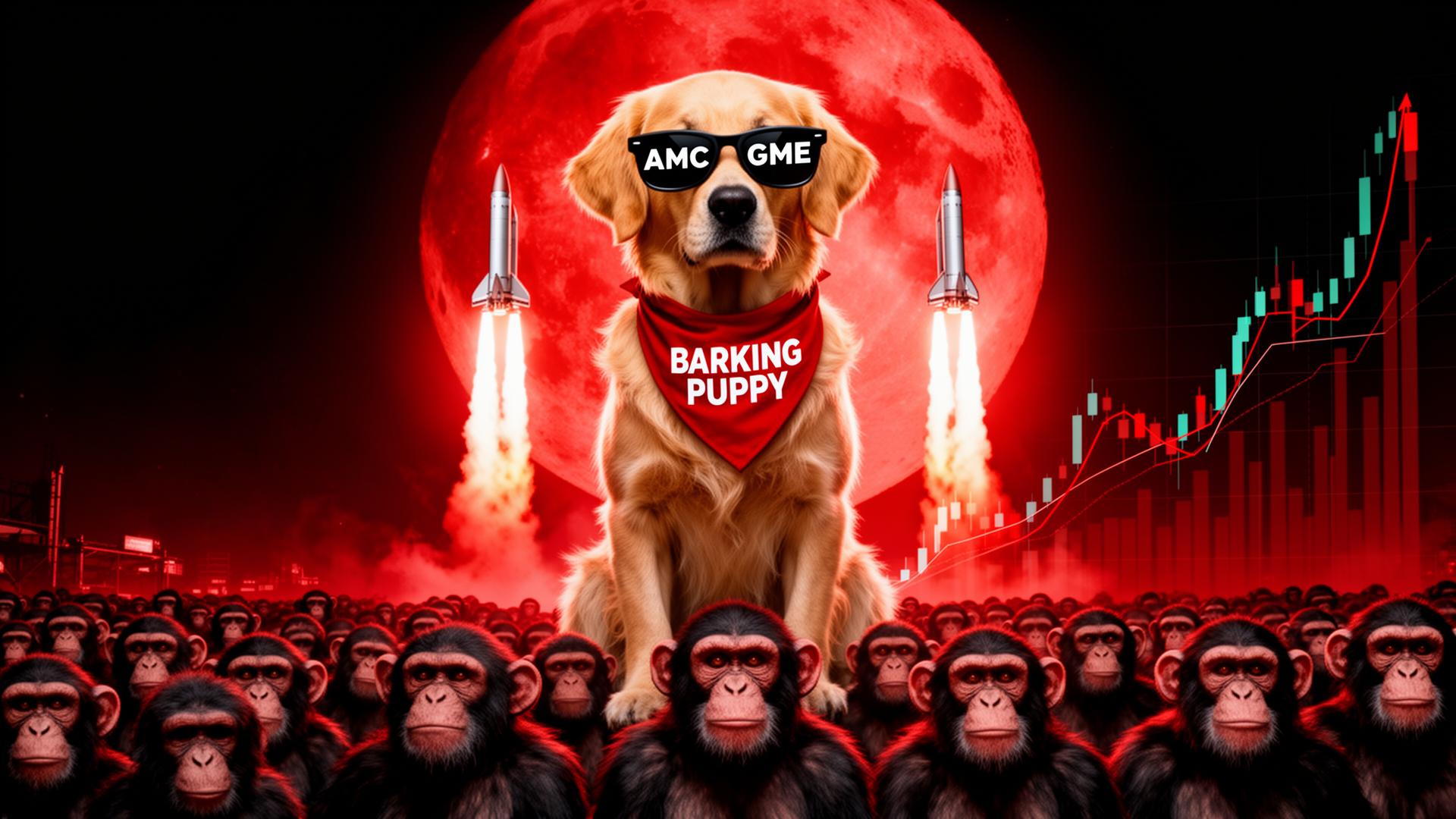 Barking Puppy mascot with AMC and GME glasses